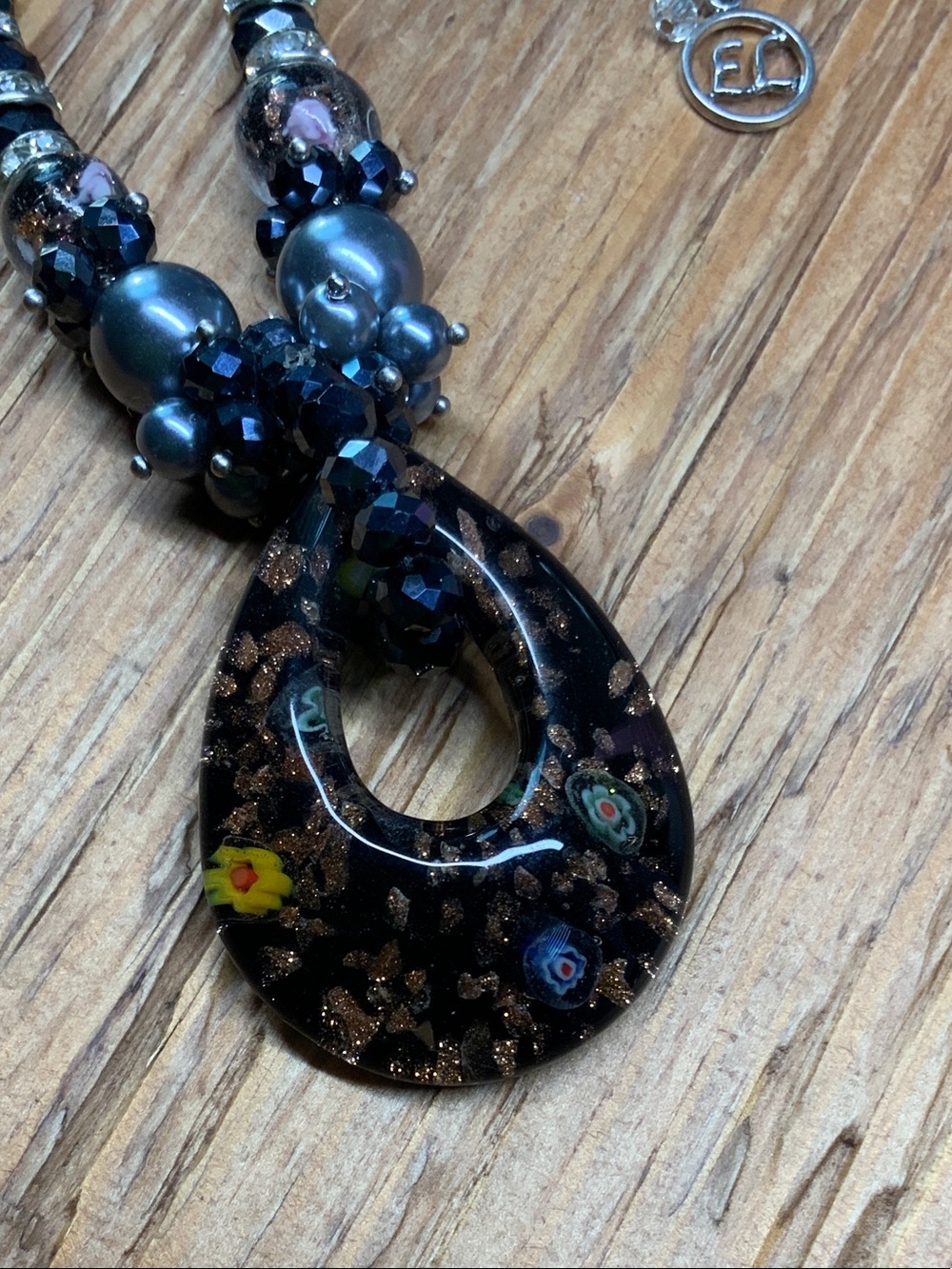 Erica Lyons Dark Floral Oval Glass Pendant Beaded Necklace